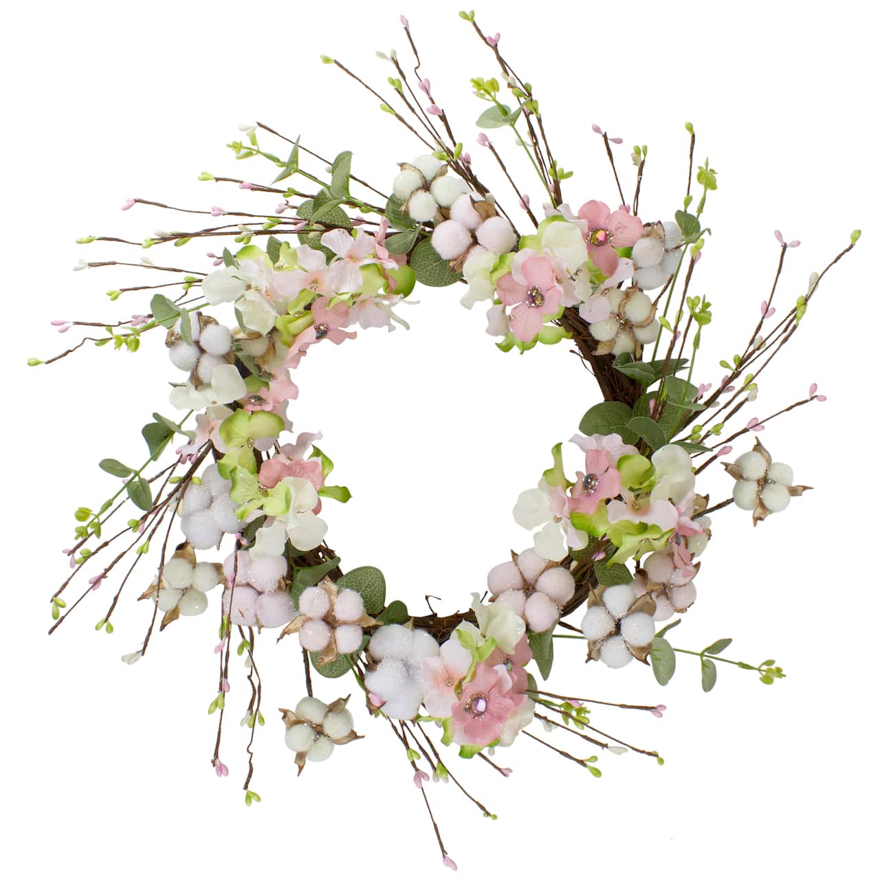 18'' Pink & Green Hydrangeas w/ Cotton Artificial Wreath